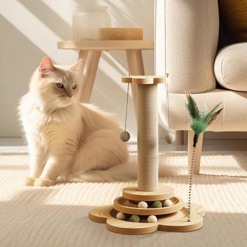 ของเล่นแมว แปดเหลี่ยมไม้ พร้อมลูกบอลนวม sisal
