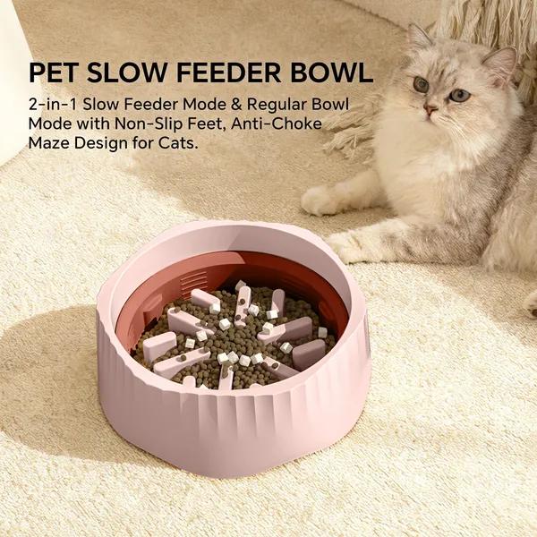 ชามอาหารและน้ำสัตว์เลี้ยง 2 in 1 สีชมพู ปรับโหมดกินช้า (Slow Feeder)